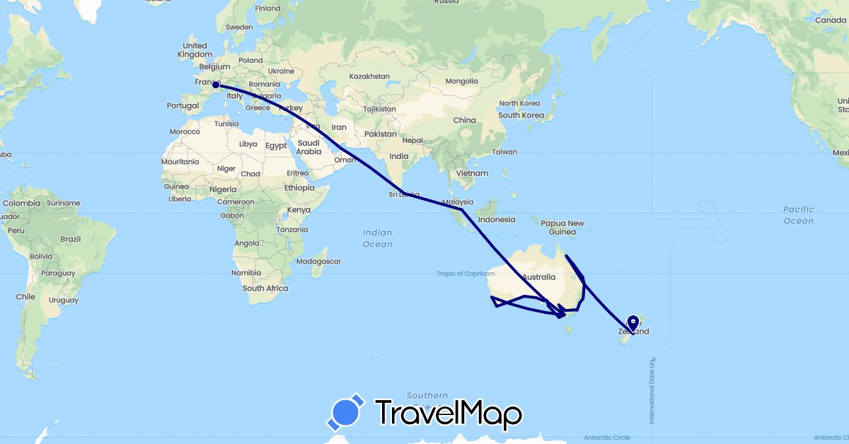 TravelMap itinerary: driving in United Arab Emirates, Australia, France, Sri Lanka, New Zealand, Singapore (Asia, Europe, Oceania)